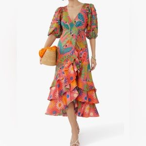 Farm Rio Graphic Macaws Coral Mixed Midi Dress // Size Medium